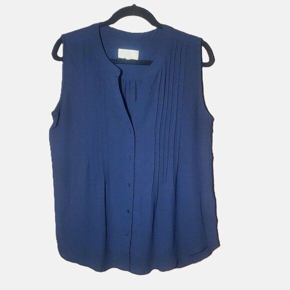 Joan Vass Tops - Joan Vass Women's Deep Blue Pleat-Placket V-Neck Bitton Sleeveless Top - Size M